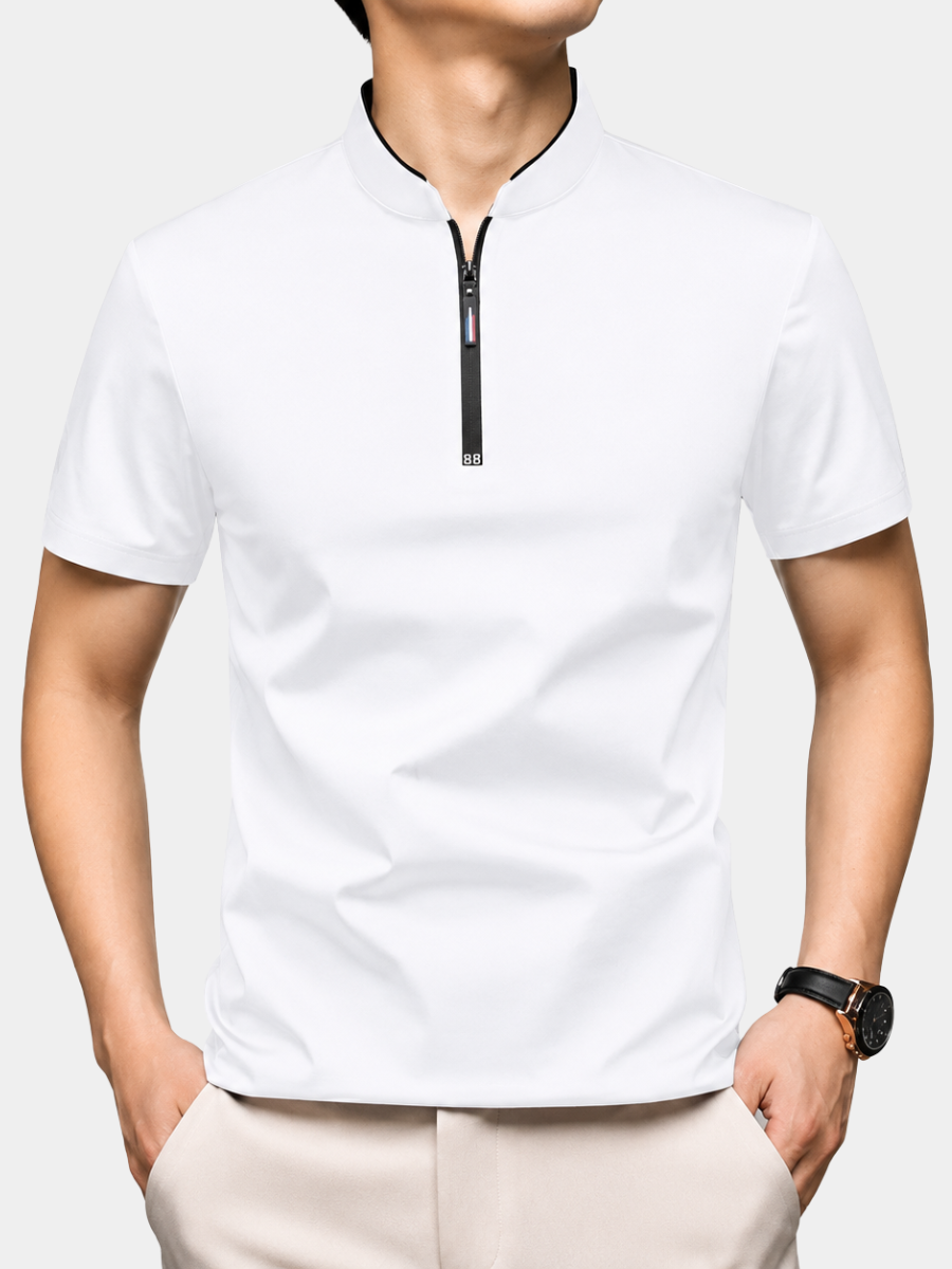 Men's white quarter zip polo shirt with a mock neck