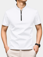 Men's white quarter zip polo shirt with a mock neck