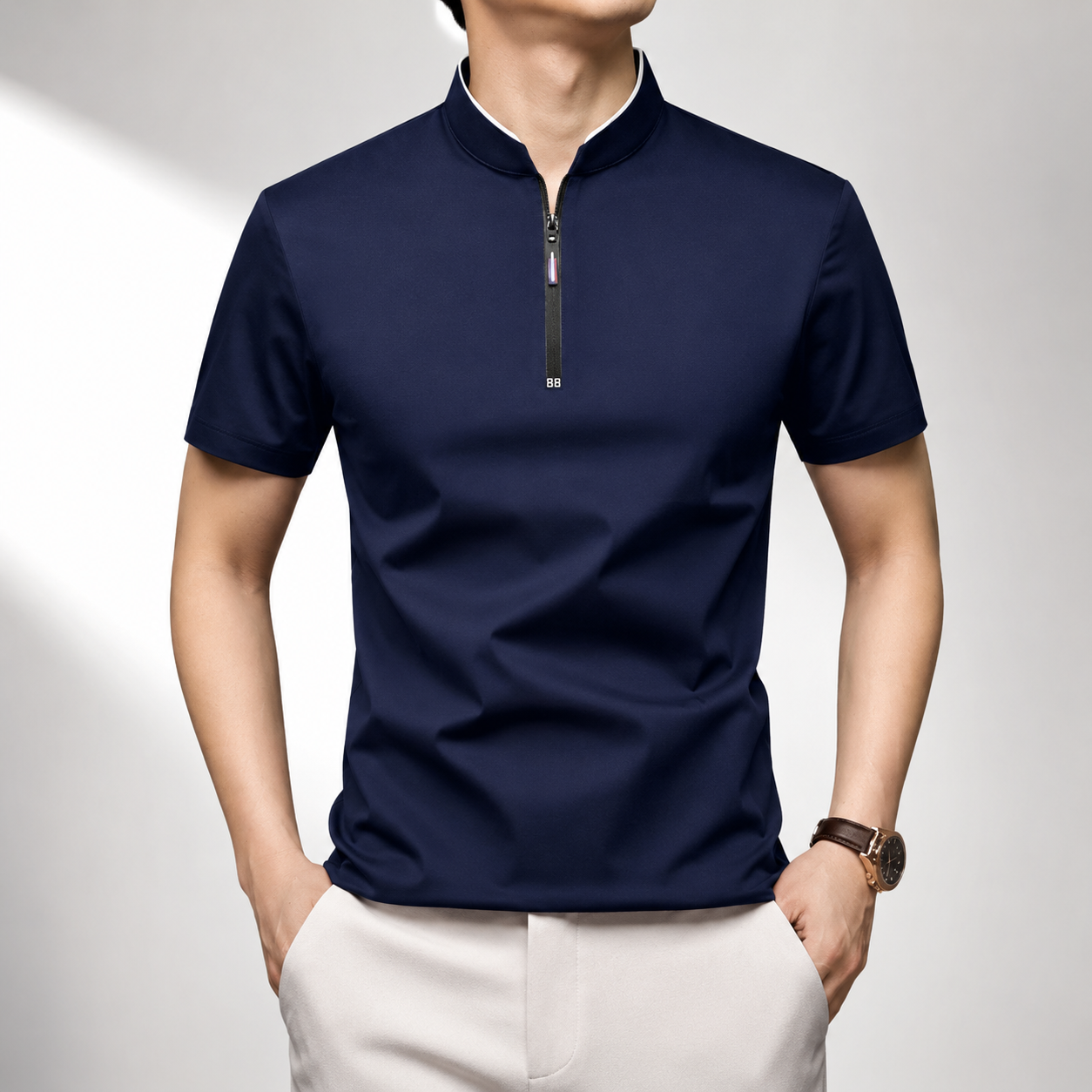 Men's white quarter zip polo shirt with a mock neck