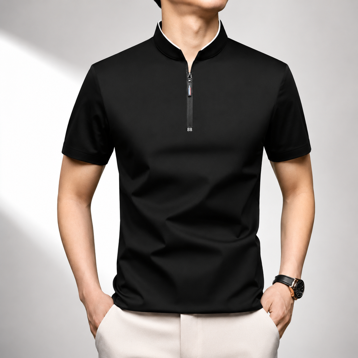 Men's white quarter zip polo shirt with a mock neck