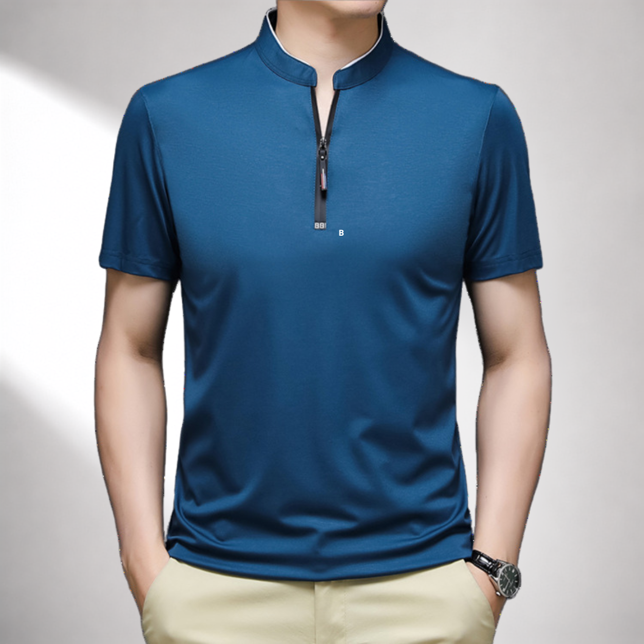 Men's white quarter zip polo shirt with a mock neck