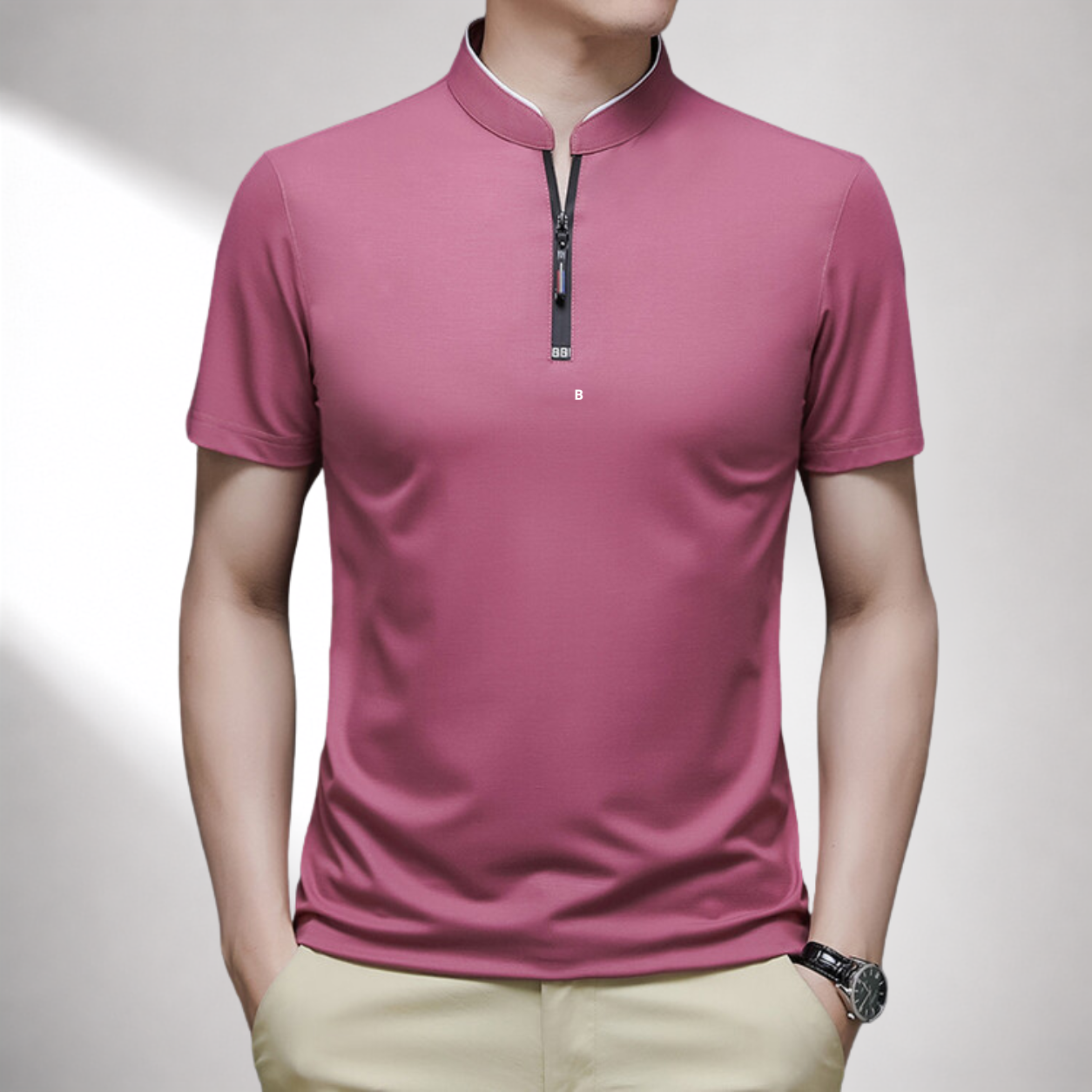 Men's white quarter zip polo shirt with a mock neck