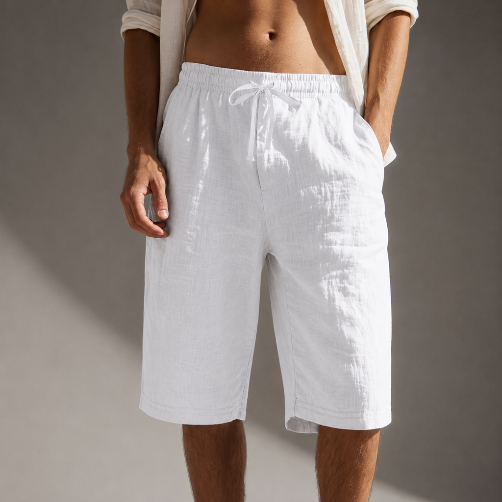 Men's white relaxed linen drawstring shorts