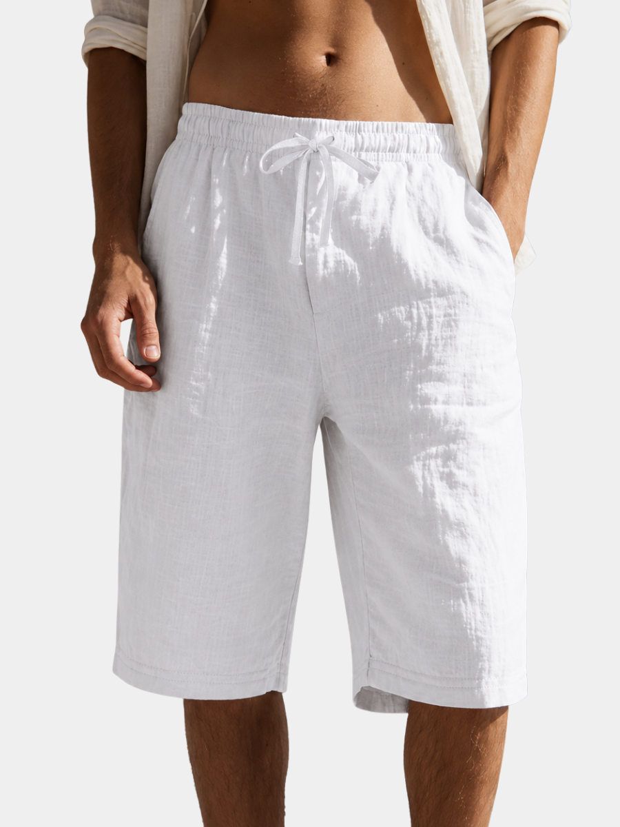 Men's white relaxed linen drawstring shorts