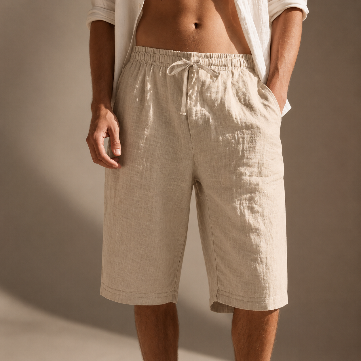 Men's white relaxed linen drawstring shorts
