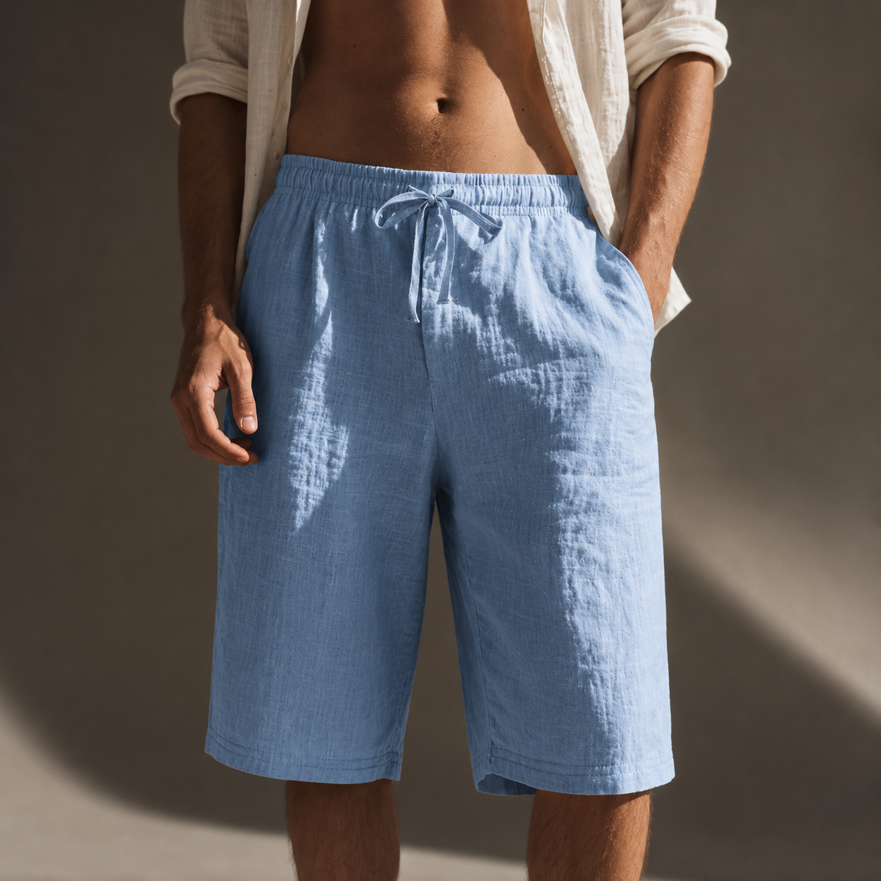 Men's white relaxed linen drawstring shorts