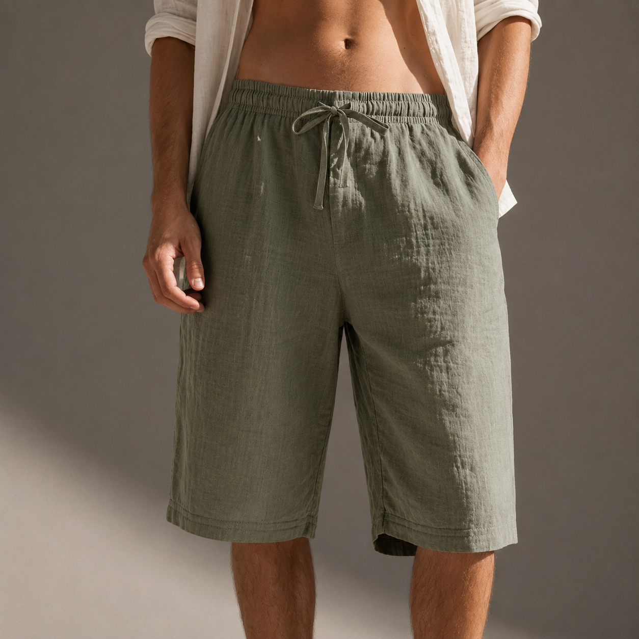 Men's white relaxed linen drawstring shorts