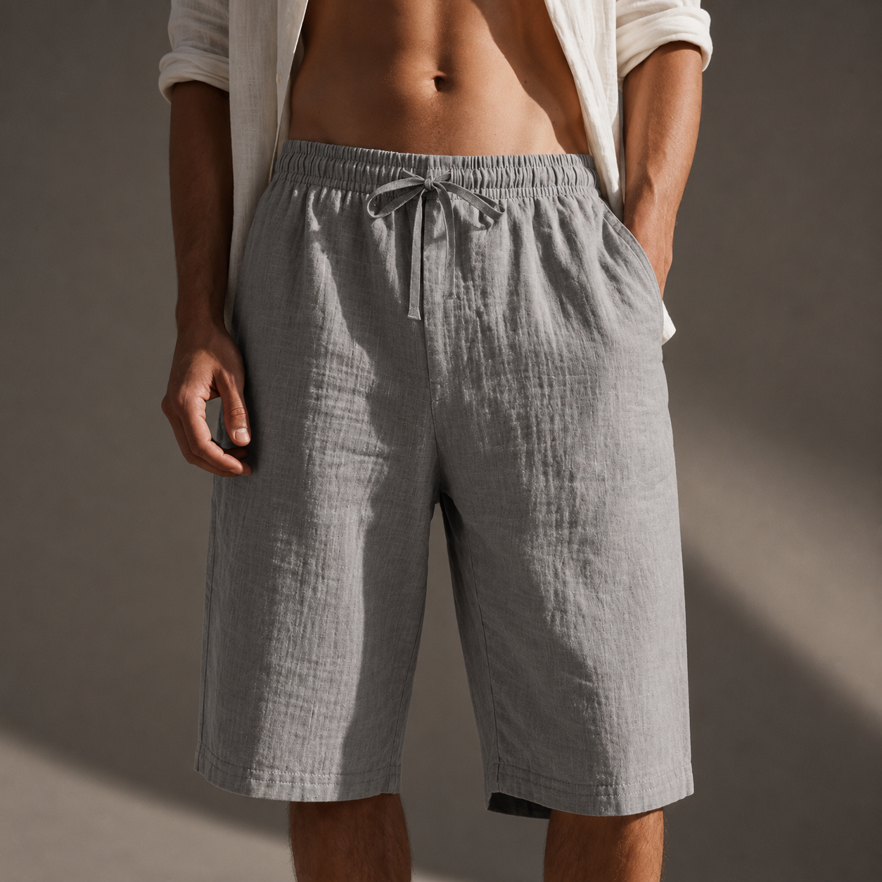 Men's white relaxed linen drawstring shorts
