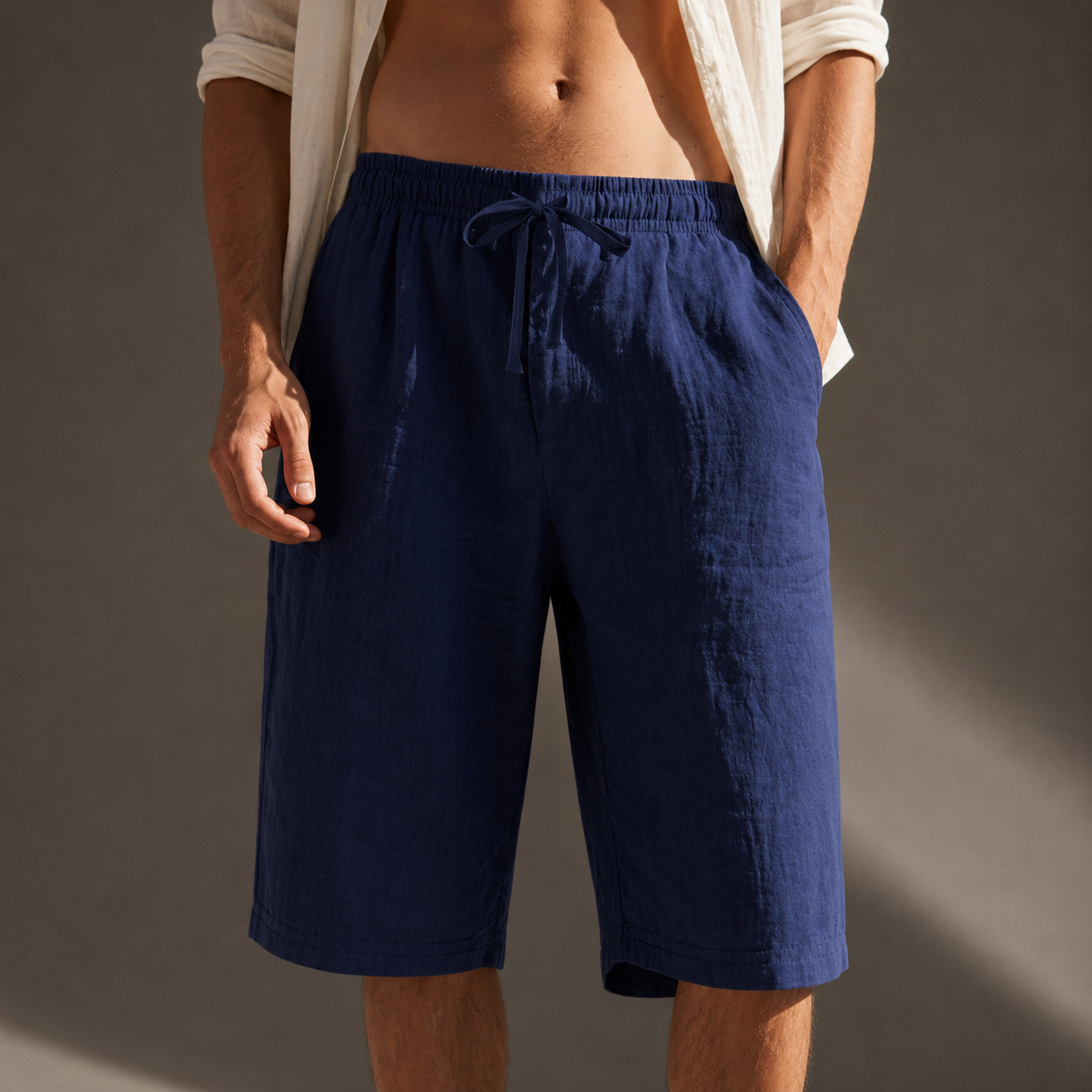 Men's beige relaxed linen drawstring shorts