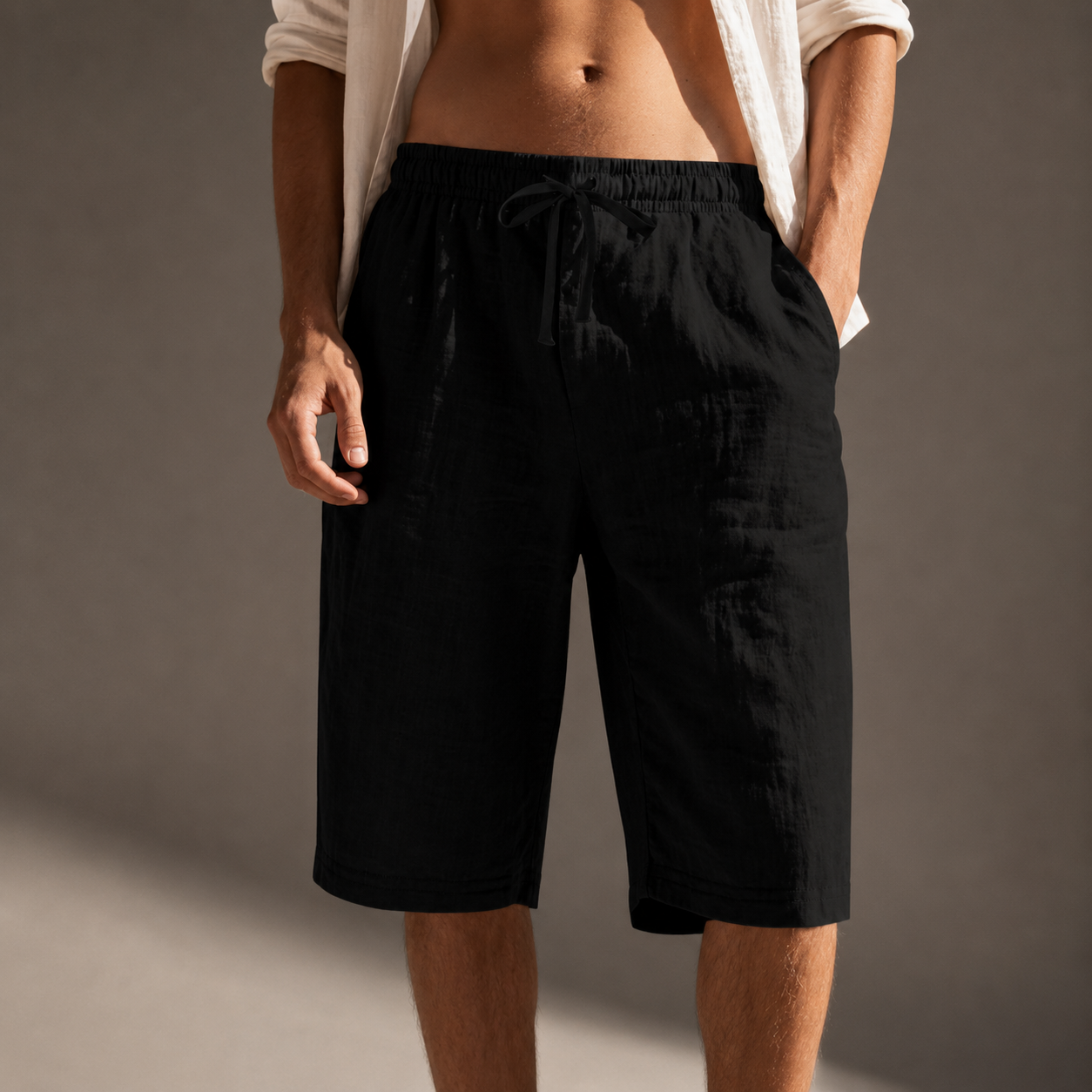 Men's beige relaxed linen drawstring shorts