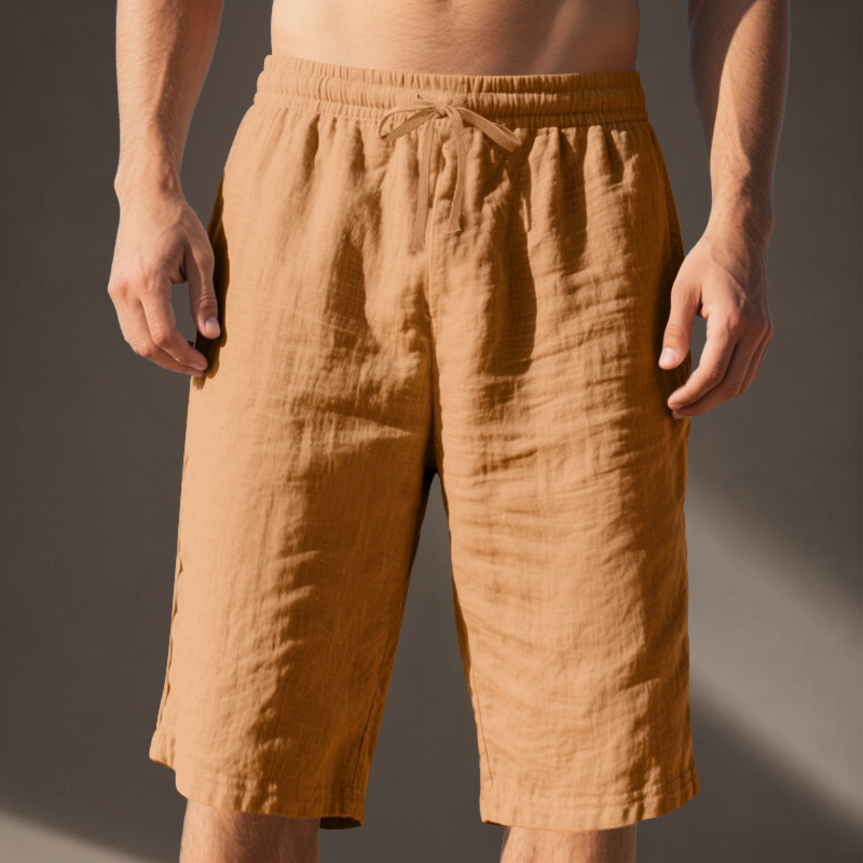 Men's beige relaxed linen drawstring shorts