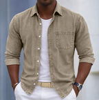 Men's beige long sleeve shirt with roll-up sleeves