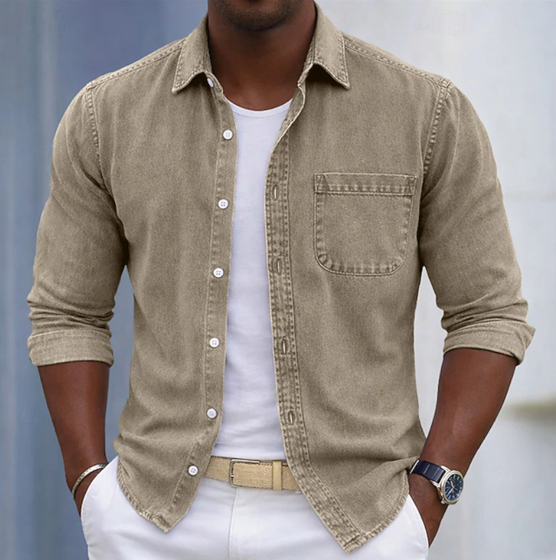 Men's beige long sleeve shirt with roll-up sleeves
