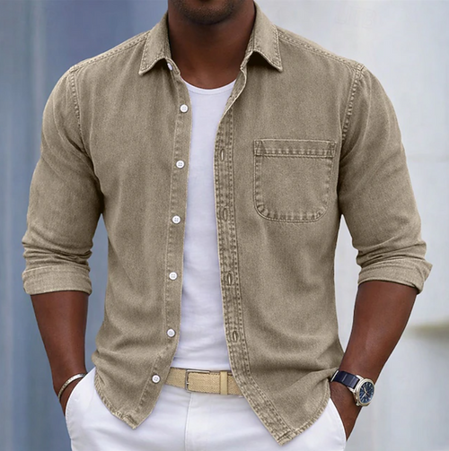 Men's beige long sleeve shirt with roll-up sleeves