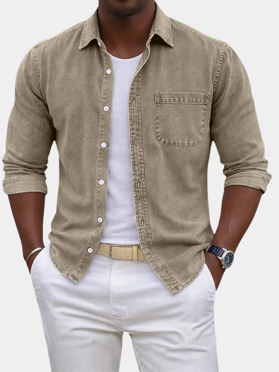 Men's beige long sleeve shirt with roll-up sleeves