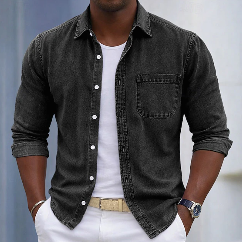 Men's purple long sleeve shirt with roll-up sleeves