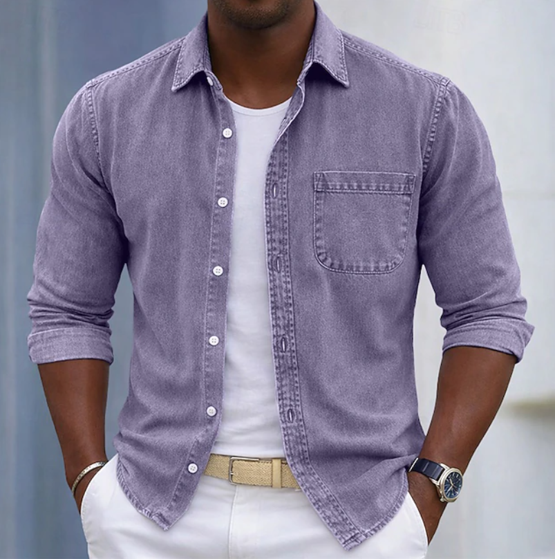Men's beige long sleeve shirt with roll-up sleeves