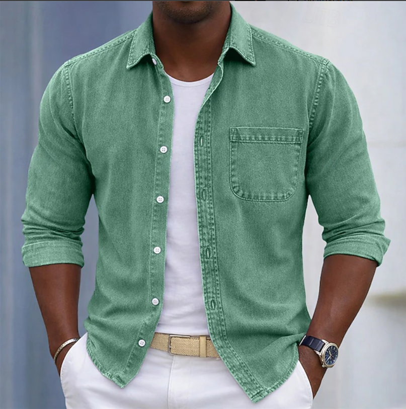 Men's beige long sleeve shirt with roll-up sleeves