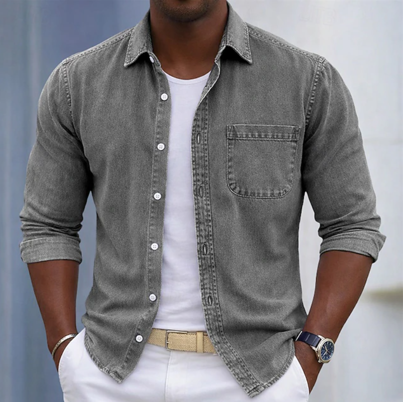 Men's beige long sleeve shirt with roll-up sleeves