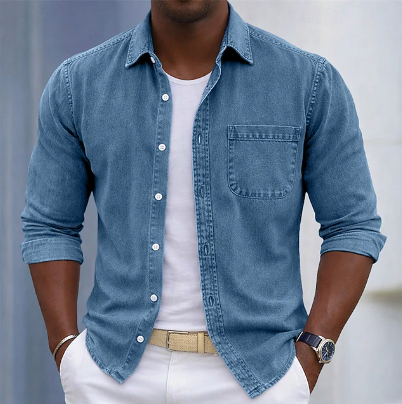 Men's beige long sleeve shirt with roll-up sleeves