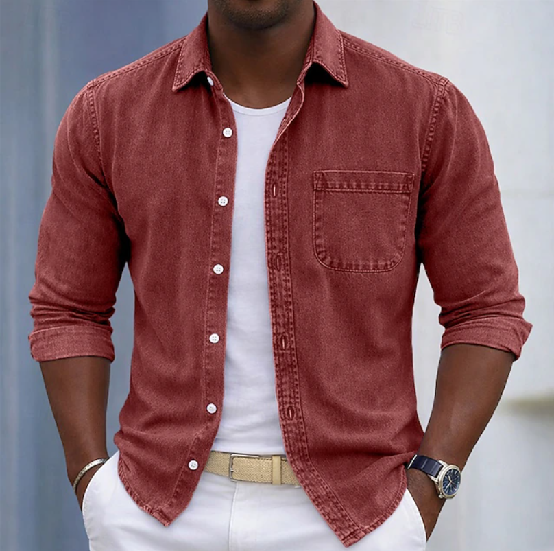 Men's beige long sleeve shirt with roll-up sleeves