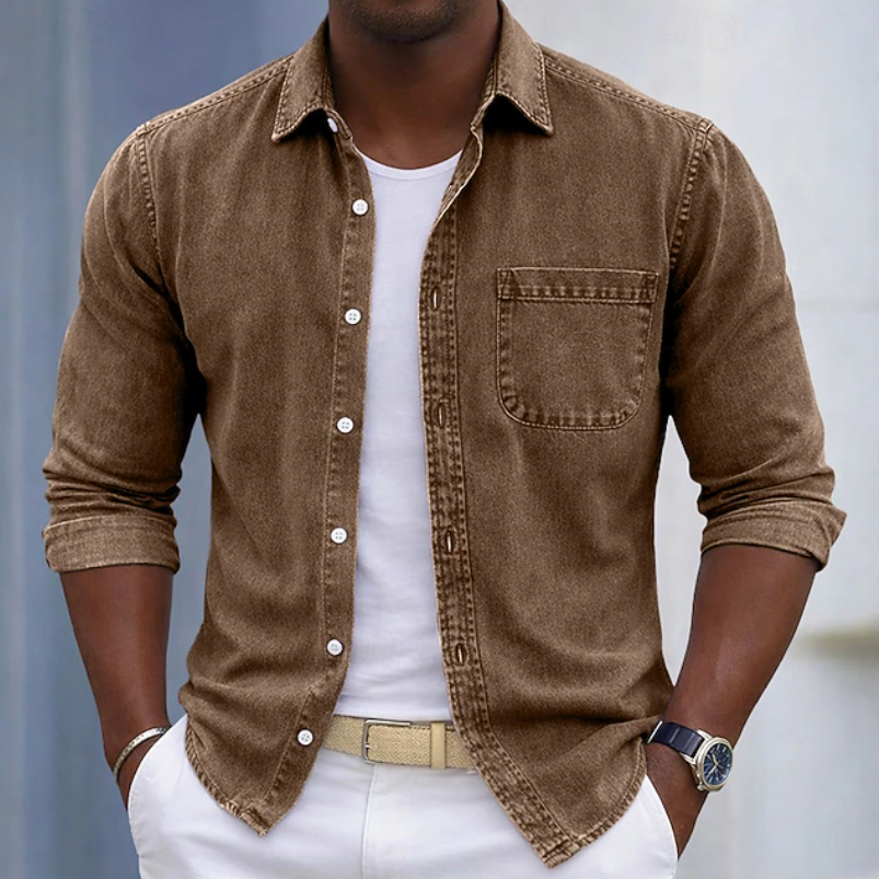 Men's purple long sleeve shirt with roll-up sleeves