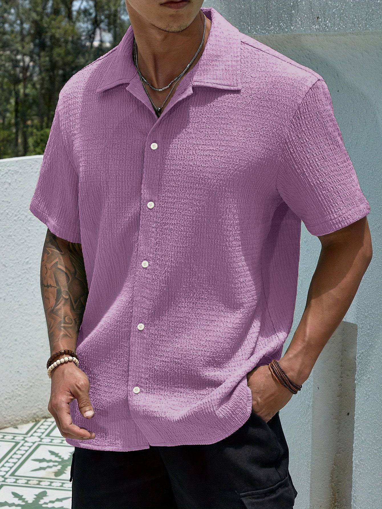 Men's beige semi-sheer short sleeve summer shirt