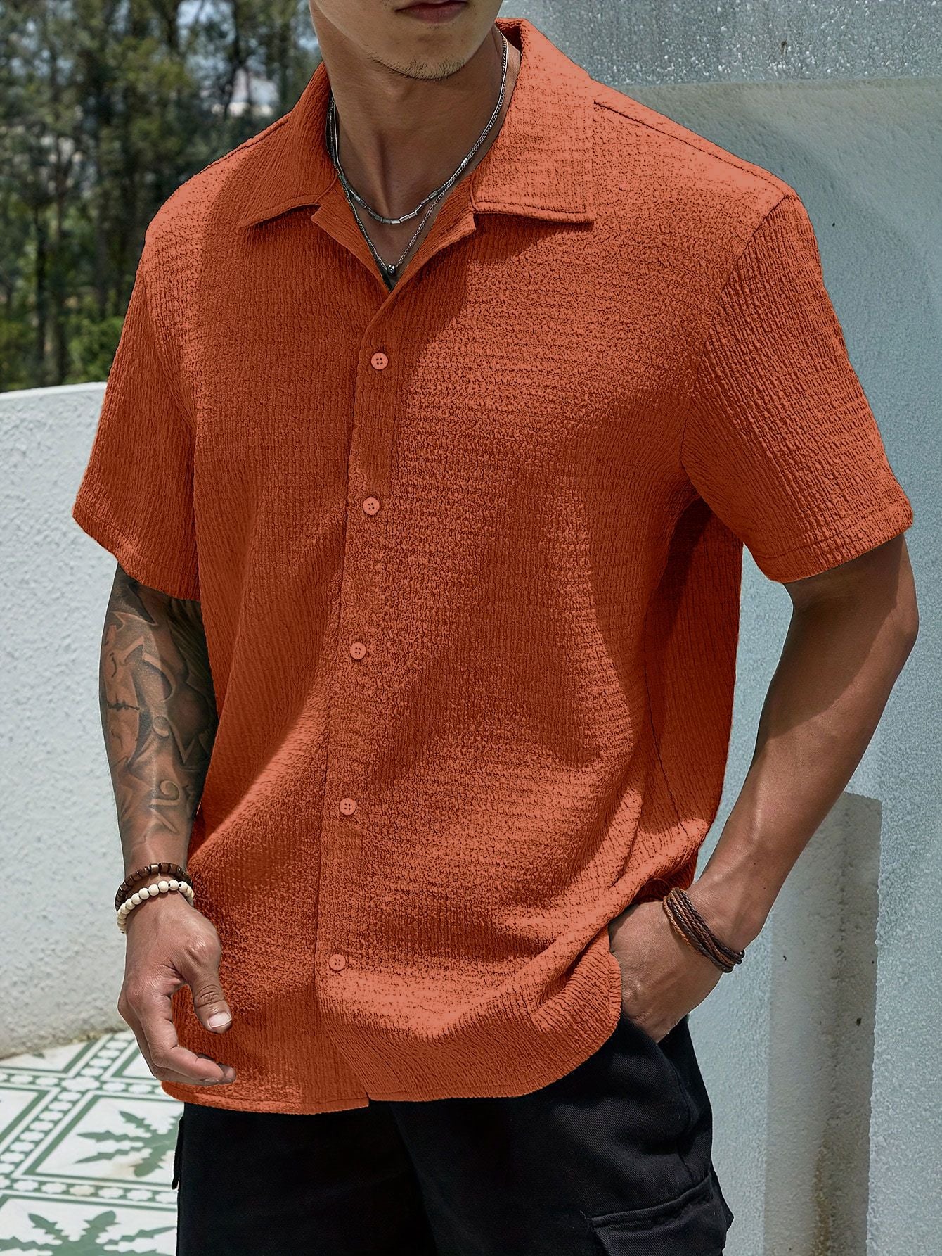 Men's beige semi-sheer short sleeve summer shirt