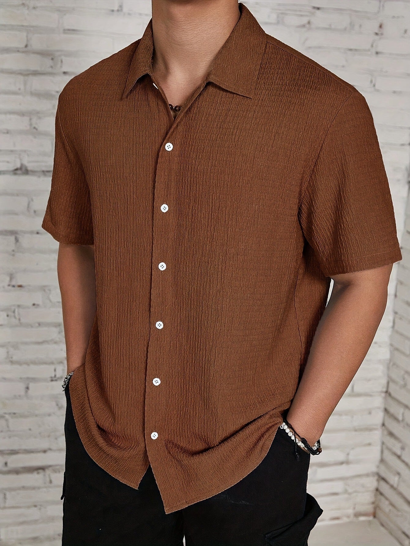 Men's beige semi-sheer short sleeve summer shirt