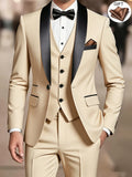 Men's beige shawl collar three piece suit with waistcoat