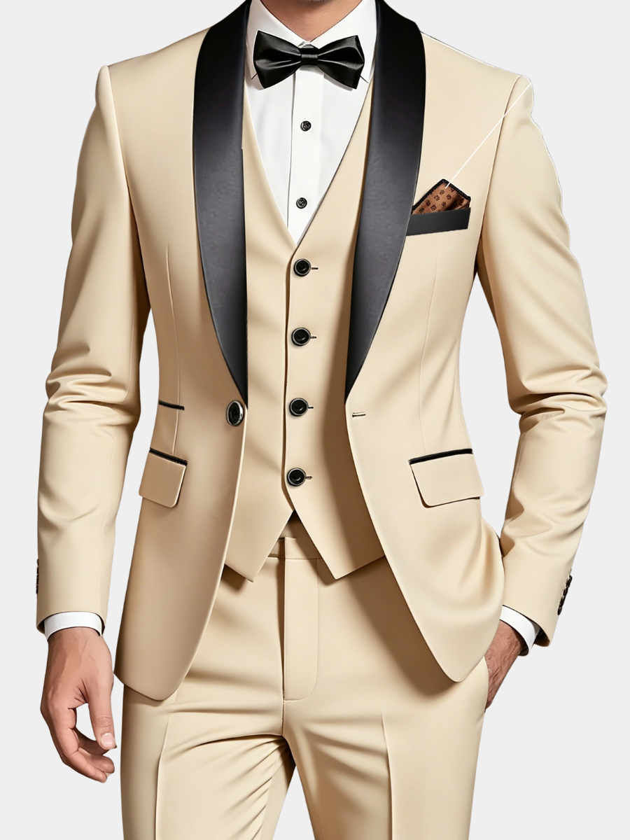 Men's beige shawl collar three piece suit with waistcoat