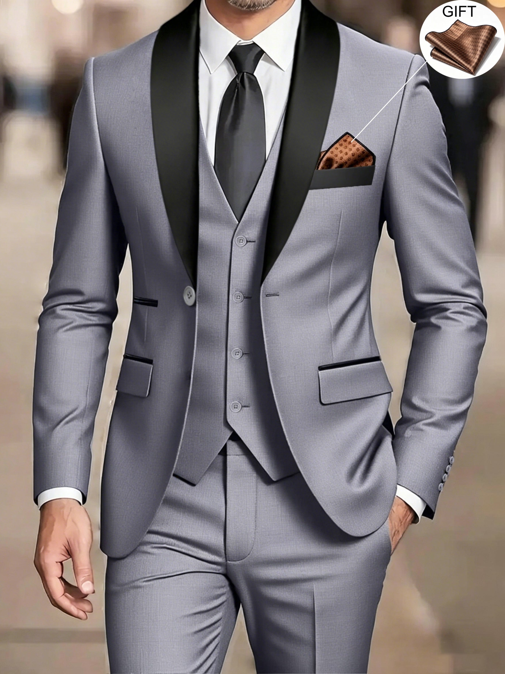 Men's beige shawl collar three piece suit with waistcoat