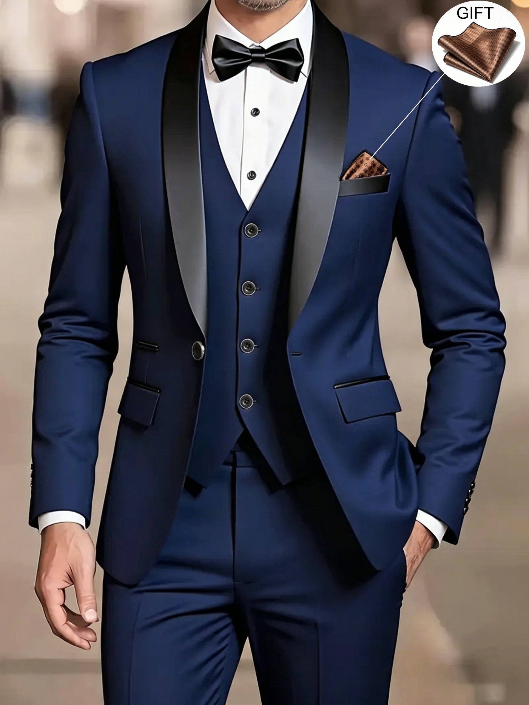 Men's beige shawl collar three piece suit with waistcoat