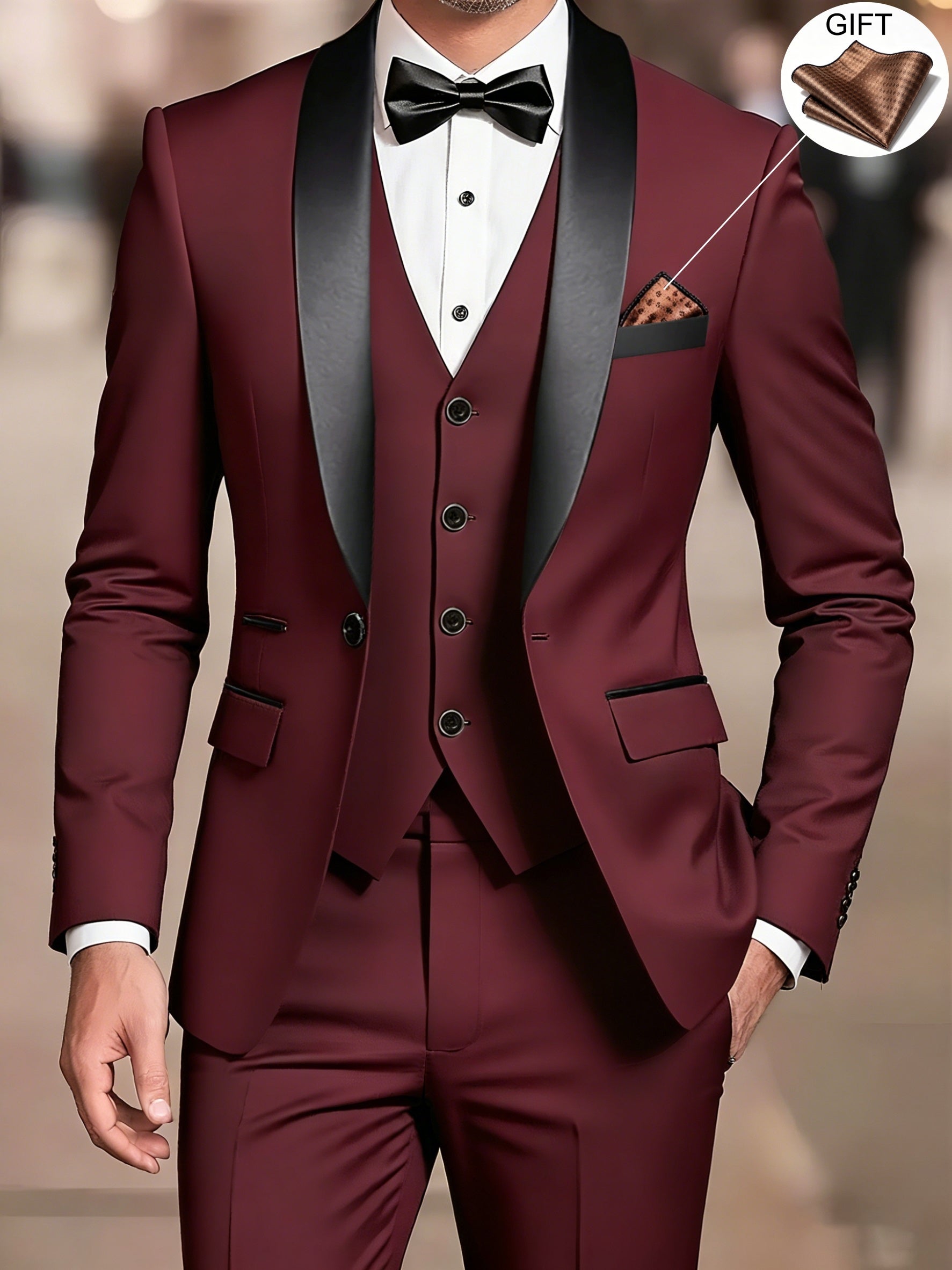 Men's beige shawl collar three piece suit with waistcoat