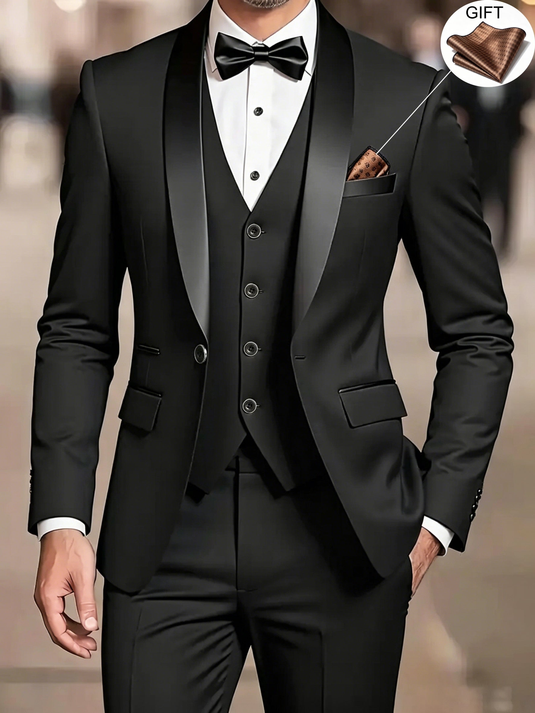 Men's beige shawl collar three piece suit with waistcoat