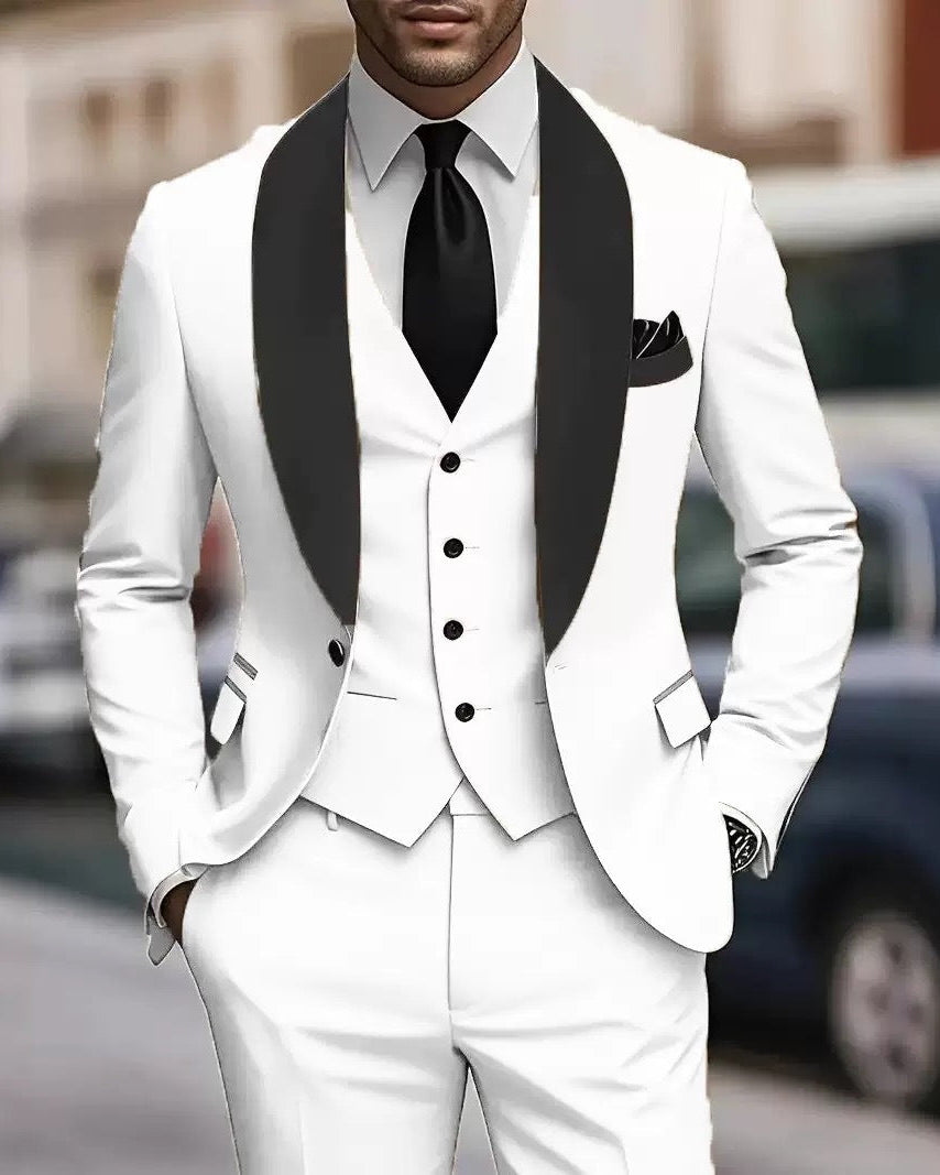 Men's beige shawl collar three piece suit with waistcoat