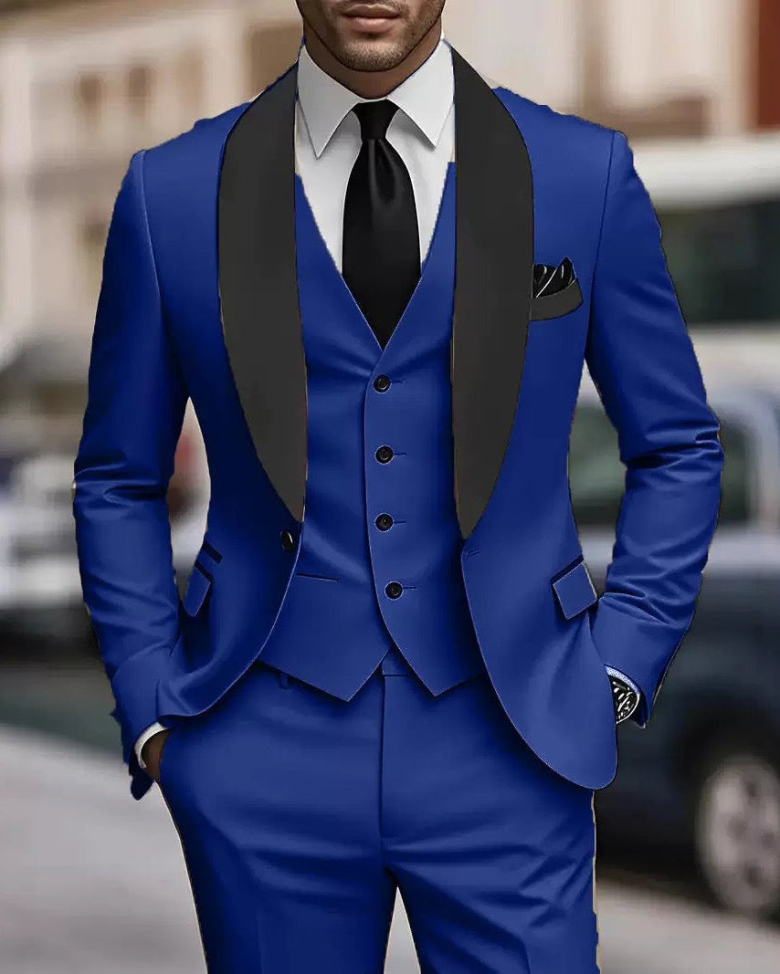 Men's beige shawl collar three piece suit with waistcoat