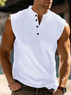 Men's white sleeveless summer shirt with a stand collar