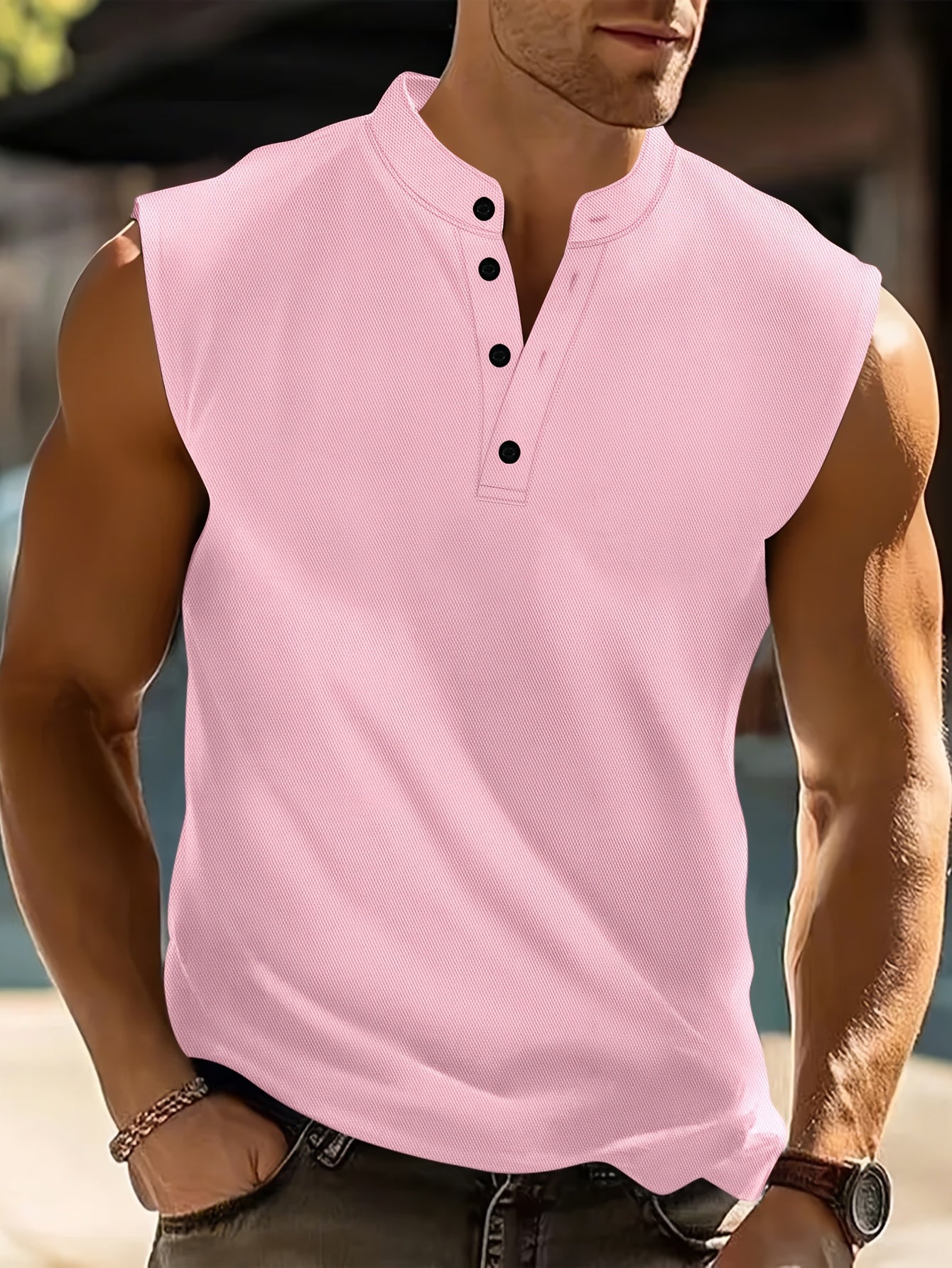 Men's white sleeveless summer shirt with a stand collar