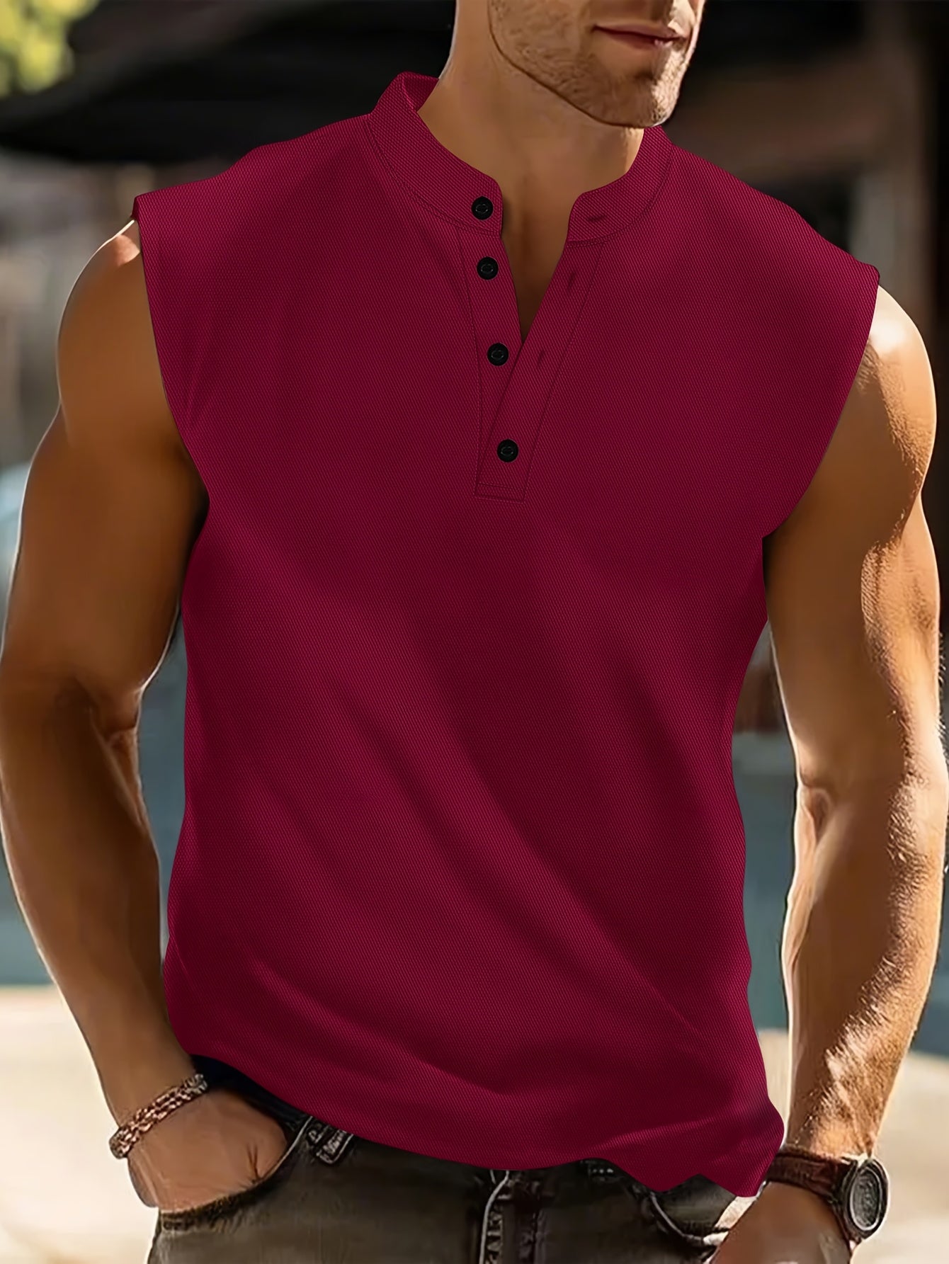 Men's beige sleeveless summer shirt with a stand collar