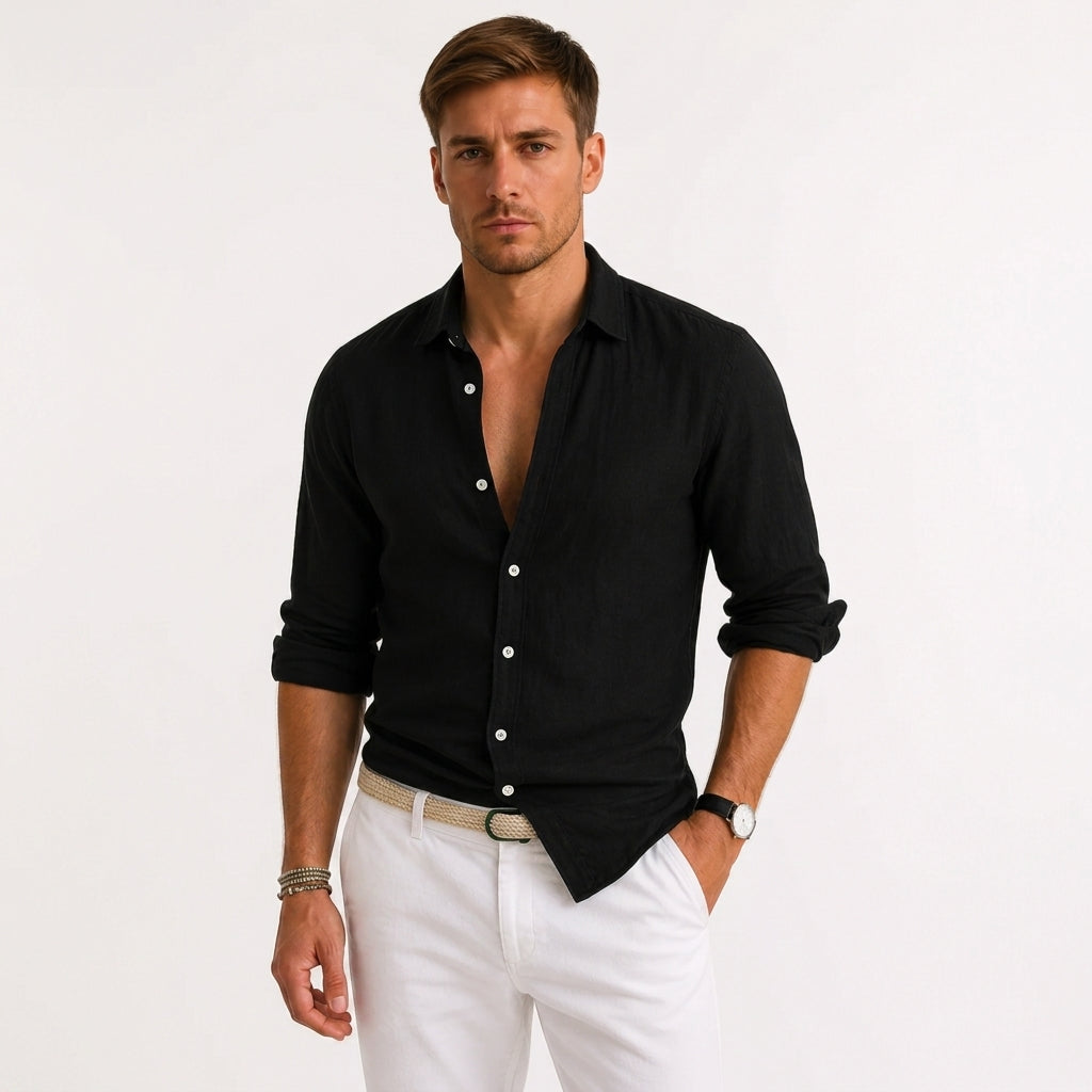 Men's beige slim fit long sleeve cotton shirt