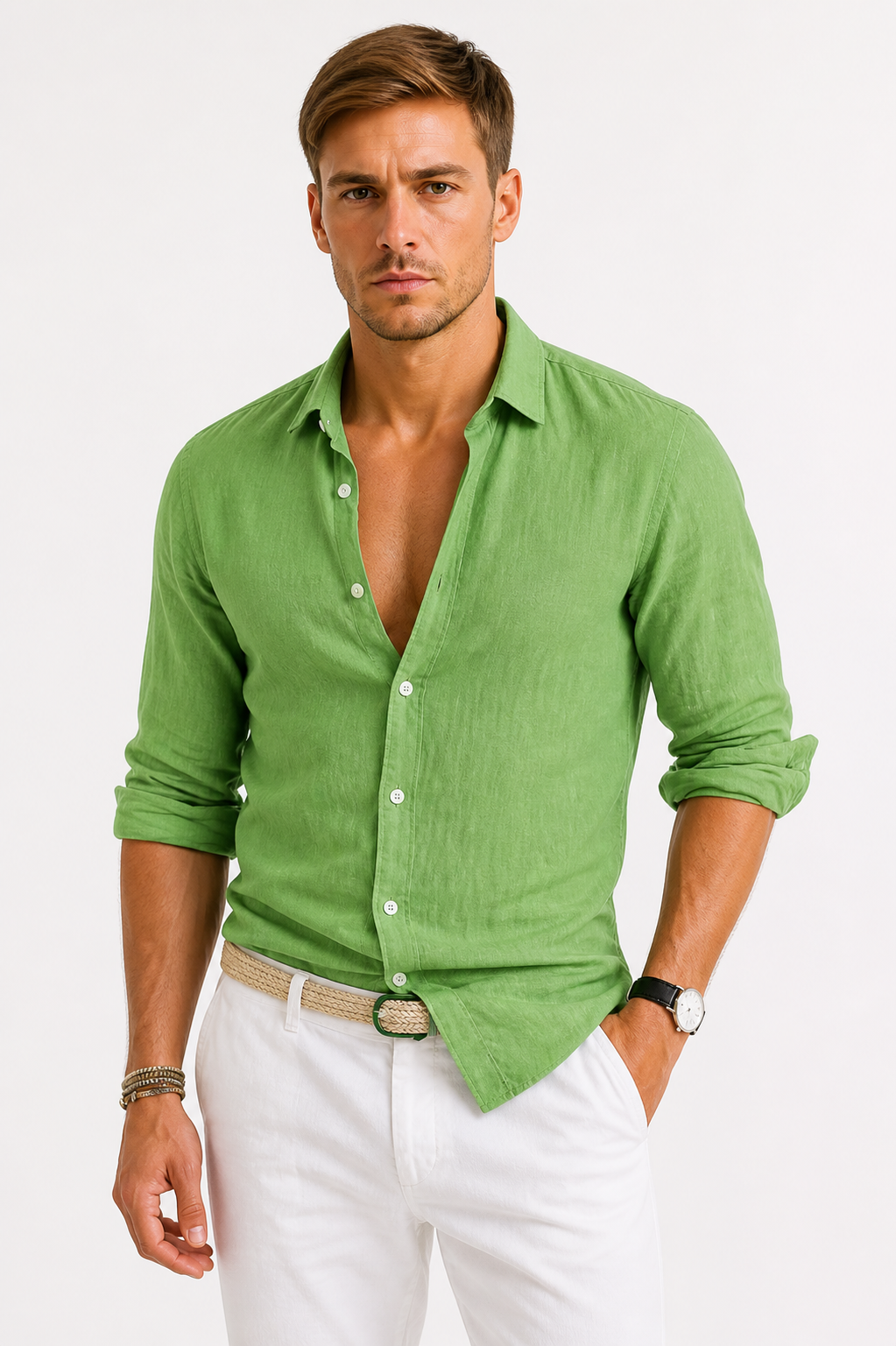 Men's beige slim fit long sleeve cotton shirt