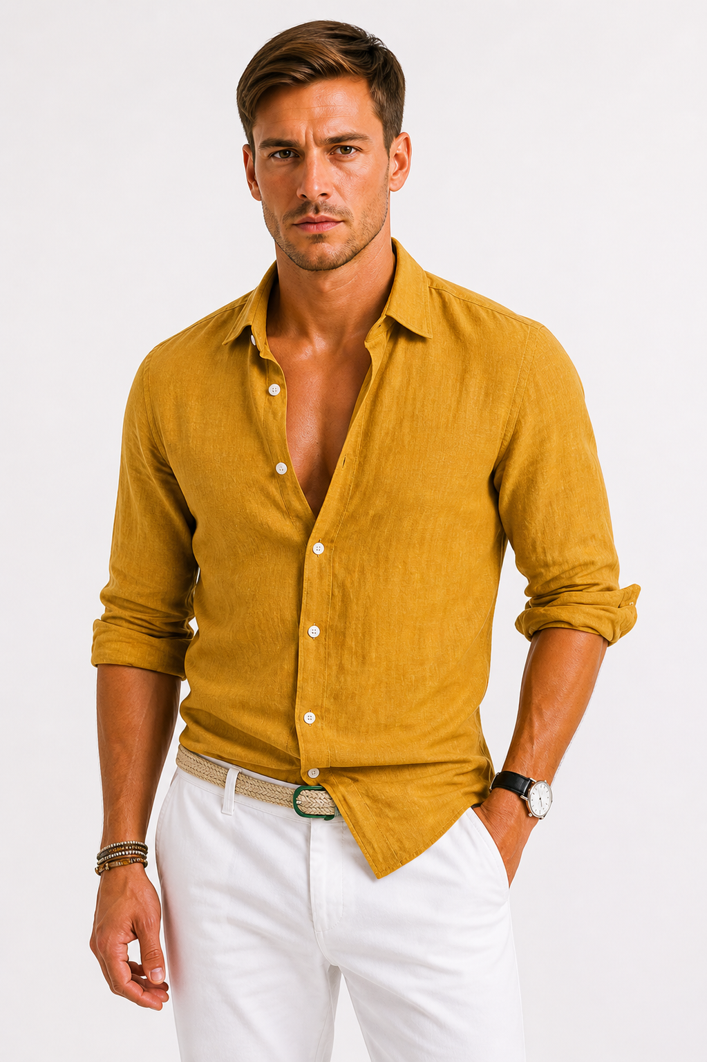 Men's beige slim fit long sleeve cotton shirt