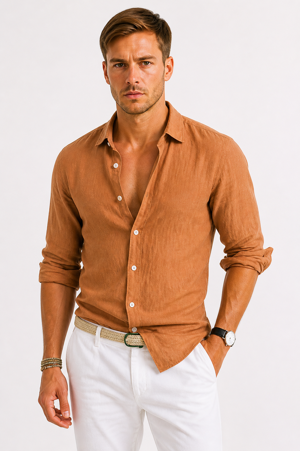 Men's beige slim fit long sleeve cotton shirt