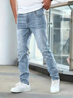 Men's light blue slim fit washed denim jeans
