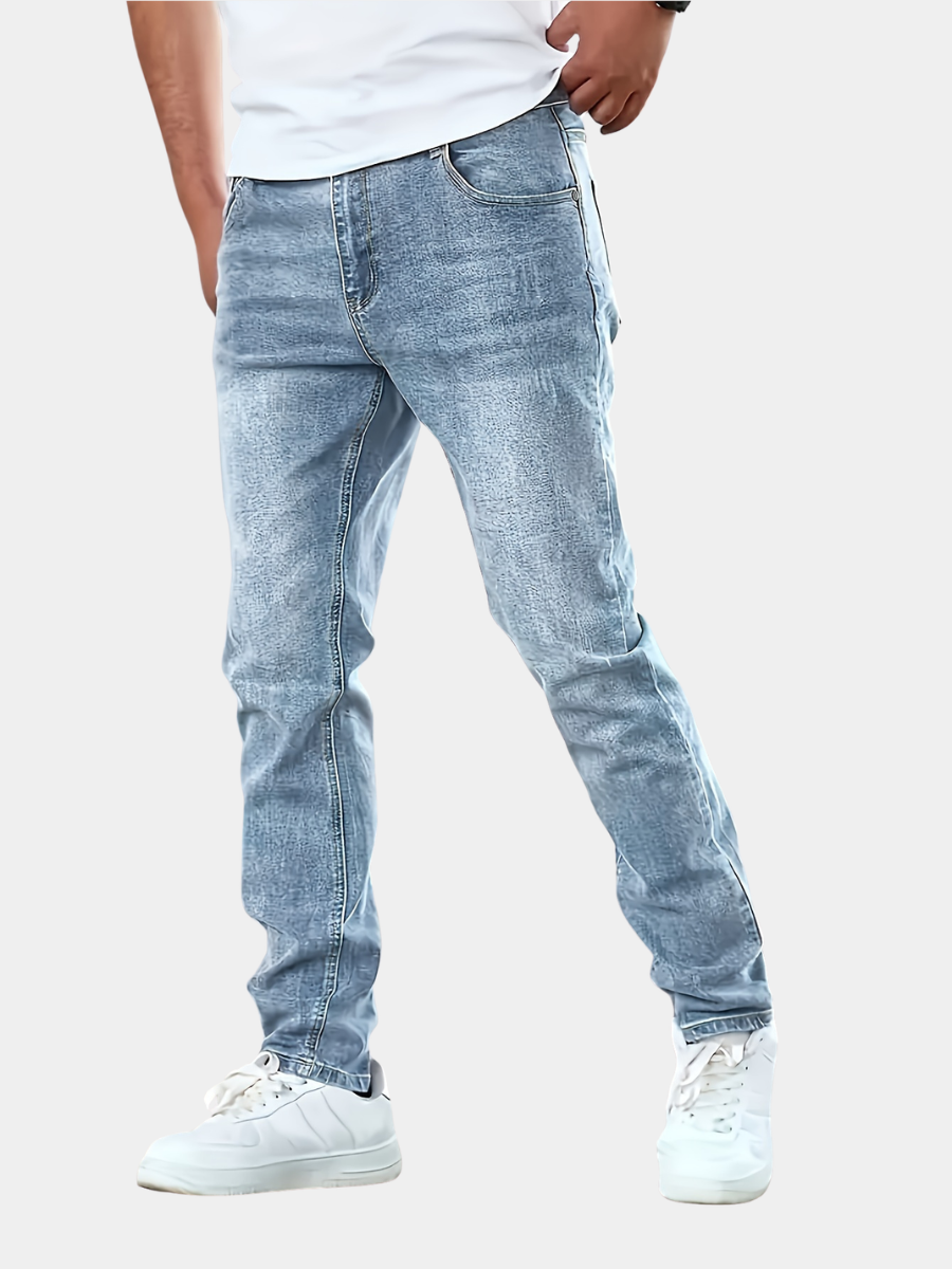 Men's light blue slim fit washed denim jeans