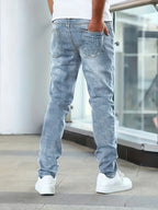 Men's blue slim fit washed denim jeans