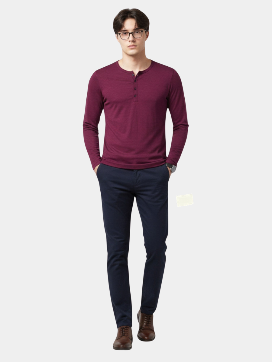 Men's purple long sleeve slim fit henley top