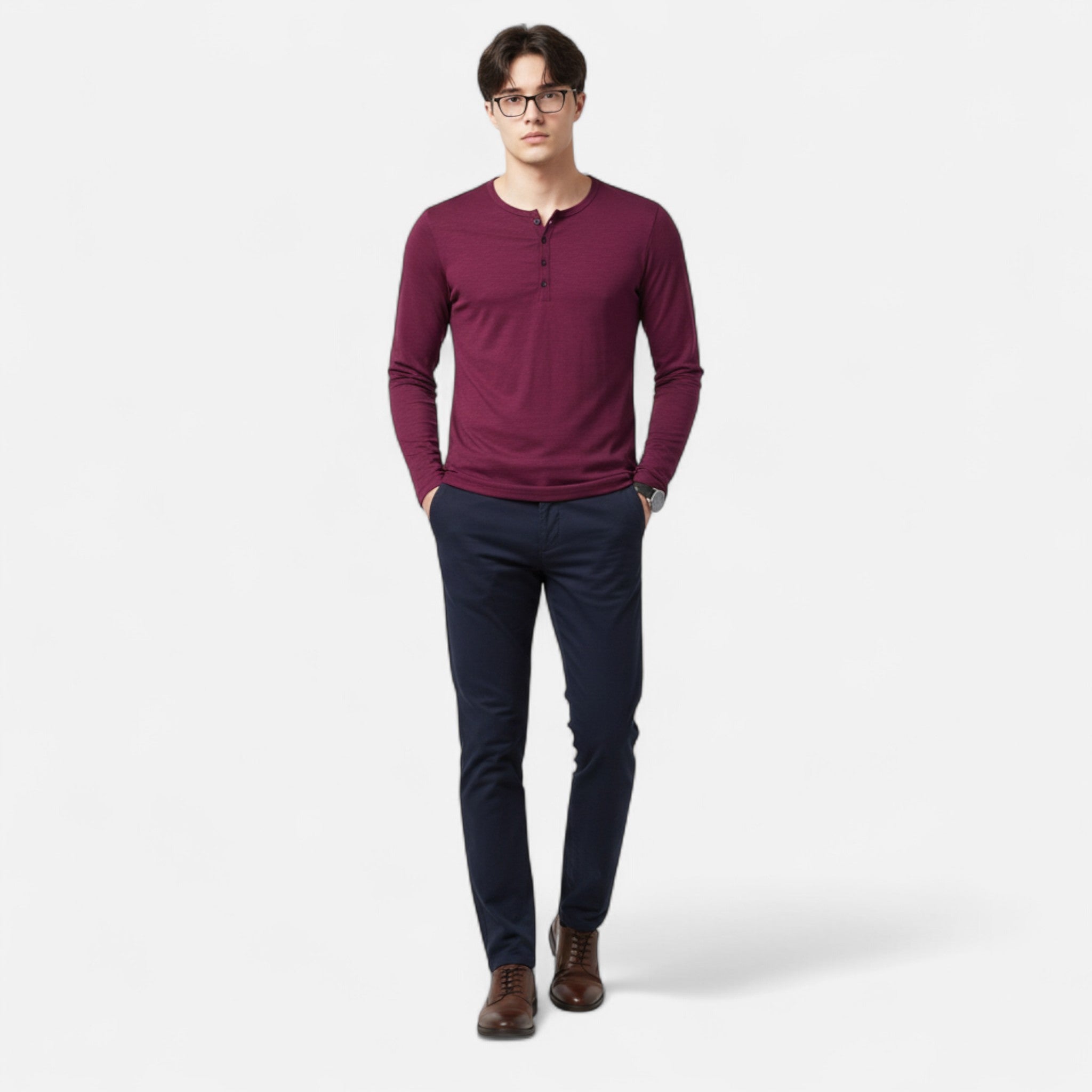 Men's purple long sleeve slim fit henley top