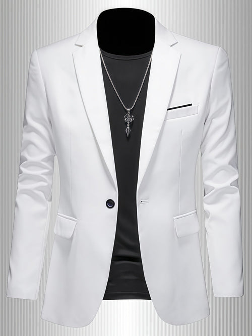 Men's white slim fit single breasted blazer with a lapel collar